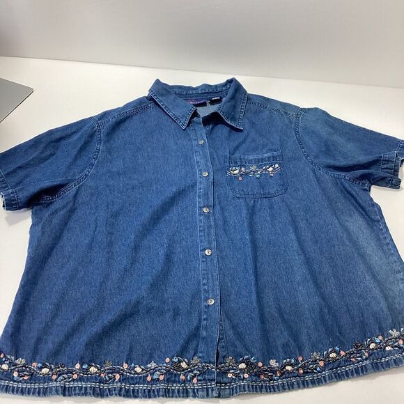 Vintage CST Blues Blue Denim Button-Up Shirt with Floral Embroidery Shells 3X - Picture 4 of 8